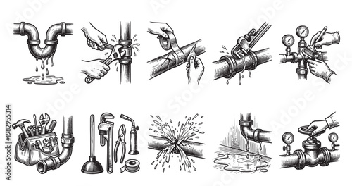 This collection of hand-drawn illustrations depicts various plumbing tasks, including fixing leaks, using tools, and checking gauges, suitable for repair guides or DIY content.