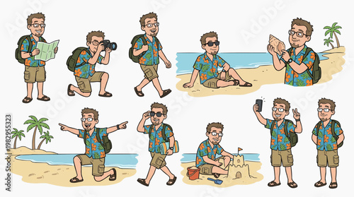 Traveler in various poses with beach and map, showing adventure and exploration