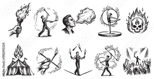 A collection of vintage black and white illustrations depicting thrilling circus fire performances, including juggling, fire breathing, and acts of bravery.