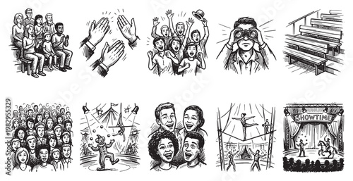 A collection of hand-drawn sketches depicting diverse audiences, performers, and event settings, capturing excitement and anticipation.