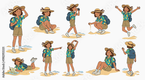 An illustration of a woman in various poses, enjoying her travel adventure
