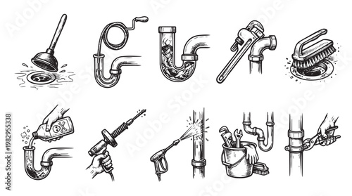 A collection of hand-drawn illustrations depicting various plumbing tools and drain cleaning methods in a vintage sketch style, ideal for service industries.