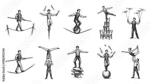 This vintage illustration depicts a montage of circus performers engaged in various balancing acts and juggling feats against a clean white background, showcasing skill and precision.
