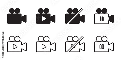 Black camcorder icons representing play, stop, pause and muted recording functions.