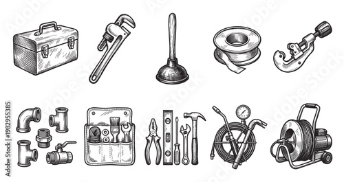A black and white sketch collection of various plumbing tools and parts, including pipes, a wrench, plunger, and tool bag, perfect for illustrating home improvement and repair concepts.