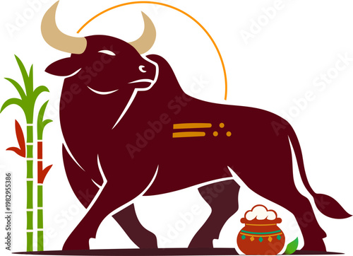 Jallikattu bull vector illustration with sugarcane and Pongal pot celebrating Pongal  festival