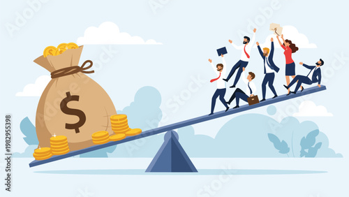 Conceptual illustration of business people on a see-saw being outweighed by a giant bag of money and gold coins.