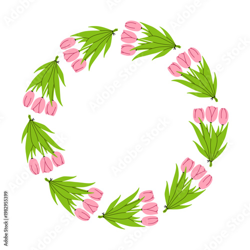 Vector spring tulip wreath with pastel pink buds bouquet and fresh green foliage simple round border on white background. Frame for Easter greeting, floral poster, blog header, social media template.