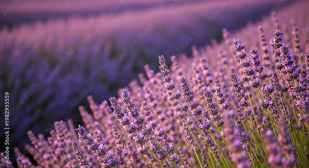 Naklejka premium Beautiful lavender field in Provence France at sunset with soft purple hues and a gentle breeze creating a serene and romantic atmosphere perfect for relaxation and aromatherapy