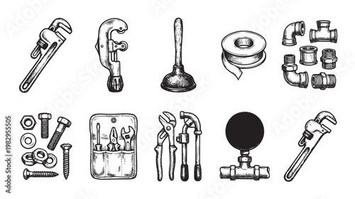 A vintage-style ink drawing showcases various plumbing tools and fittings, including wrenches, cutters, a plunger, and pipe connectors, arranged in a clean composition.
