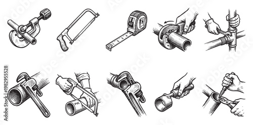 A collection of vintage-style illustrations depicting various plumbing tools and hand actions in the process of pipe work and repair.