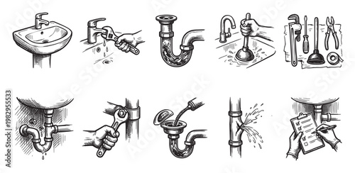 A collection of hand-drawn black and white illustrations depicting various plumbing tasks, including fixing a leaky faucet, unclogging a drain, and inspecting pipes.