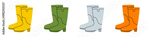 Vector set of colorful rain rubber boot pair in yellow, green, light gray and orange in flat design. Cute gardening footwear illustration for kids design and spring decor. Garden shoes collection.