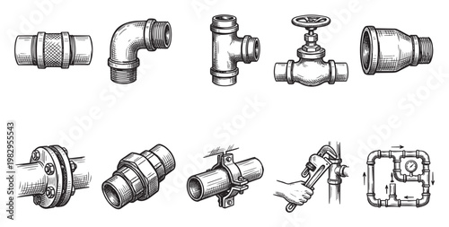 Collection of hand-drawn style plumbing pipe fittings including elbows, tees, valves, couplings, flanges and a diagram of a system with pressure gauge.