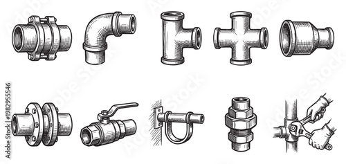 A hand-drawn illustration set featuring various plumbing pipe fittings, connectors, valves, and a wrench tightening a pipe joint.