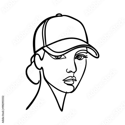 Logotipo con dibujo minimalista de una única línea de la cabeza de una mujer con gorra de béisbol para uso casual y deportivo	