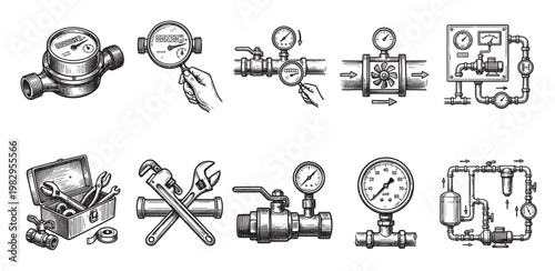 This detailed illustration set features various plumbing equipment like water meters, pipes, valves, gauges, tools, and a pump system, all in a classic sketch style.