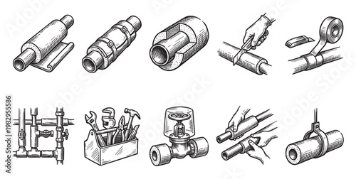 A collection of vintage-style line art illustrations depicting various plumbing installation and repair tasks, tools, and components for informational or instructional use.