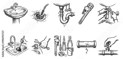 Hand drawn doodle style illustrations depict various plumbing repairs and tools, including sinks, drains, pipes, wrenches, and hands at work, conveying maintenance and service themes.