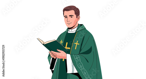 Catholic Priest Reading Bible, Wearing Vestments, Isolated on White Background