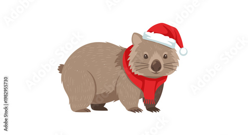 Cute Wombat Wearing Santa Hat and Red Scarf - Christmas Animal Illustration