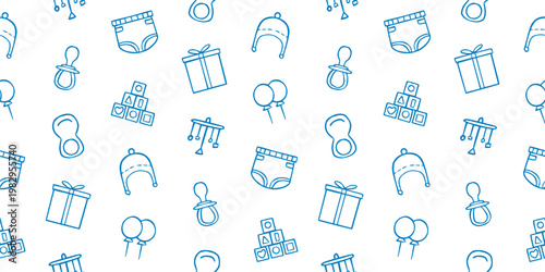 Seamless baby pattern newborn elements pacifier, diaper, toys, gift box, balloons, and hat. For baby shower and kids design