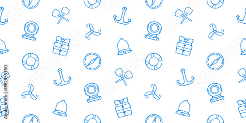 Seamless nautical pattern maritime elements with anchor, lifebuoy, compass, life vest, paddle, and bell icons. For sea travel, navy, and summer designs