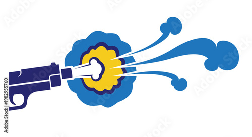 Gun firing, muzzle flash, smoke, and blue liquid splash isolated on white background