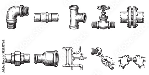 A hand-drawn sketch collection of various plumbing fittings, pipes, valves, and tools, rendered in a clean, graphic style on a white background.
