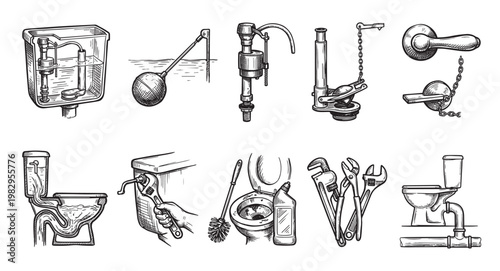 A vintage-style black and white illustration showcasing various toilet components, plumbing parts, tools, and cleaning supplies, ideal for DIY or educational content.