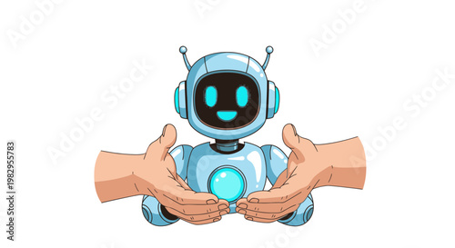 Friendly robot embraced by caring hands, symbolizing technology support and future assistance