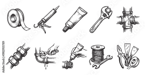 A collection of hand-drawn illustrations depicts plumbing tools and supplies such as pipes, wrenches, sealant, tape, and pliers, perfect for DIY and repair concepts.