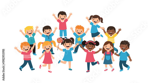 Large group of happy and diverse children standing together in various cheerful poses against a clean and bright white background.