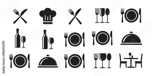 Dining and restaurant service icon set featuring wine bottle plates cutlery and table setup for menu layout.