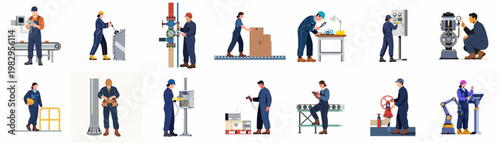 Diverse Industrial Workers Performing Various Tasks in a Factory Setting, Illustration Set