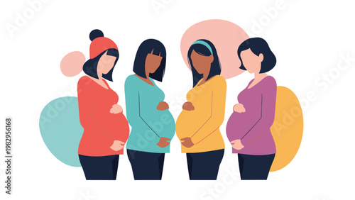Group of diverse and multiracial pregnant women standing together in a row showing their bellies during late maternity period.