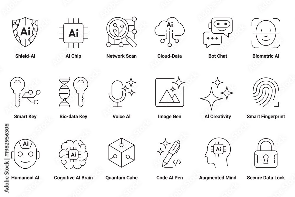 Fototapeta premium Artificial intelligence and technology vector icon set featuring cybersecurity, machine learning, data processing, neural networks, and digital innovation for modern designs.