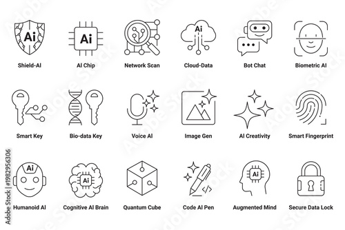 Artificial intelligence and technology vector icon set featuring cybersecurity, machine learning, data processing, neural networks, and digital innovation for modern designs.