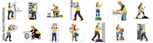 Set of flat vector illustrations featuring diverse male and female electricians performing various electrical installations, repairs, and maintenance tasks in professional work settings.