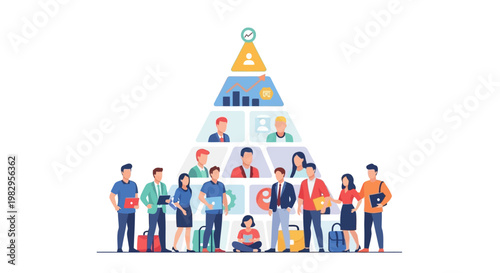 Business pyramid structure with diverse people, career growth, teamwork, and success symbols