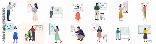 Set of diverse business professionals brainstorming, presenting, and planning on whiteboards and glass walls in a modern flat illustration style.