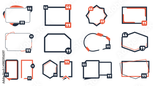 Extensive set of various empty quote box templates with different geometric shapes and dark quotation mark icons for messages.