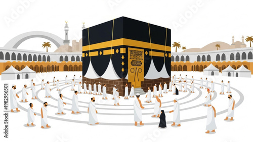 Muslim Pilgrims Praying Around Holy Kaaba in Mecca Flat Illustration