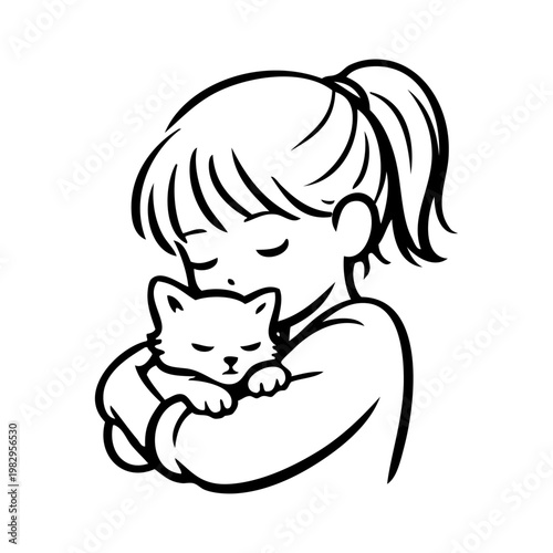 Amor por las mascotas. Dibujo minimalista con líneas de una niña abrazando a un gatito 