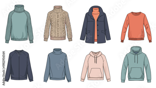 Collection of various winter clothing items including warm sweaters, hoodies, turtlenecks, and zip up jackets in soft colors.