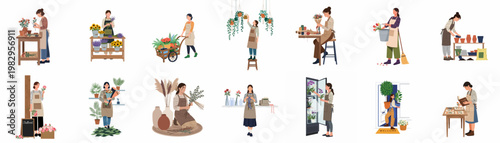 Collection of female florists working in a flower shop, arranging bouquets, watering plants, and managing floral displays.
