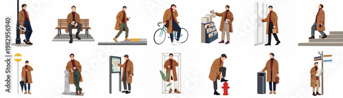 Collection of illustrations featuring a man in a brown trench coat in various daily urban life scenarios.