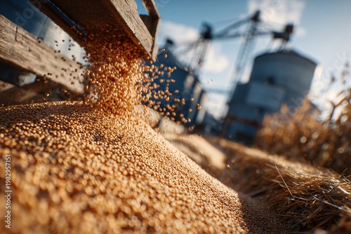 Harvested golden grain pouring from a wooden chute at a farm silo