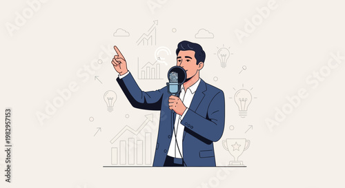 Businessman Speaking into Microphone, Success, Ideas, and Growth Concept