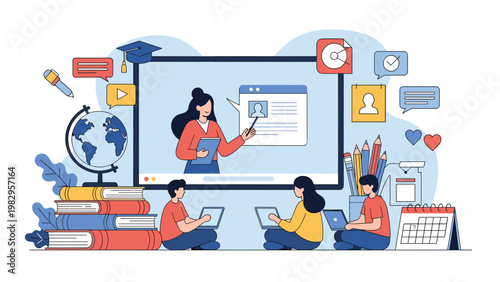 Online education concept with a teacher on a big screen and students using laptops and tablets to learn from home remotely.